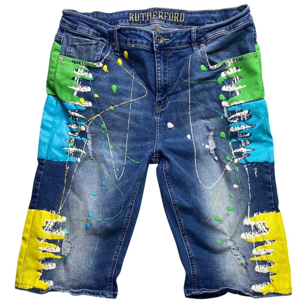 Rutherford Shorts Mens 36 Distressed Thrashed AOP Slim Streetwear Skater Grunge